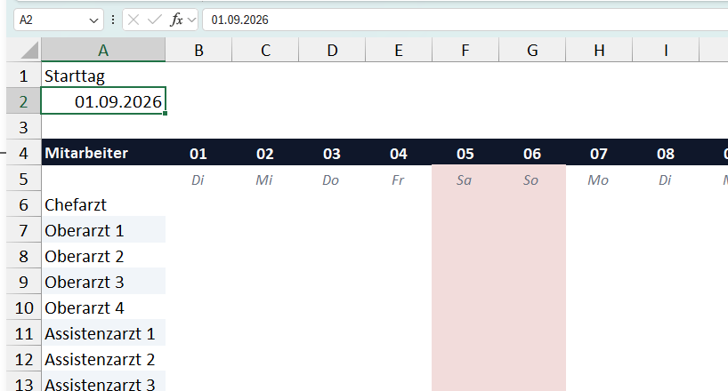 Der Schichtplan in Rohversion, nur mit automatisch markierten Wochenenden